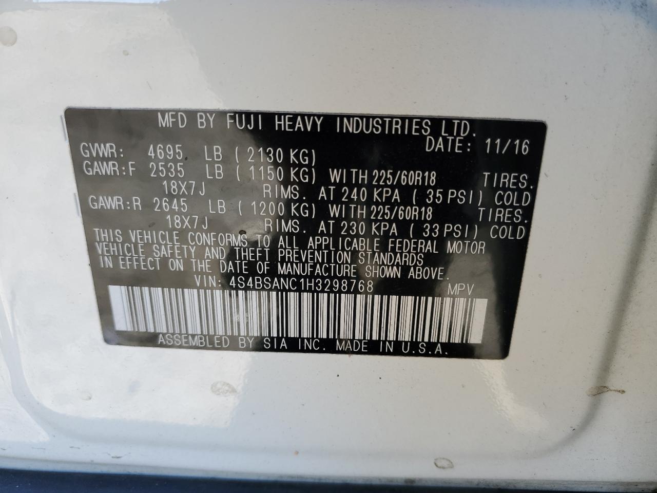 4S4BSANC1H3298768 2017 Subaru Outback 2.5I Limited