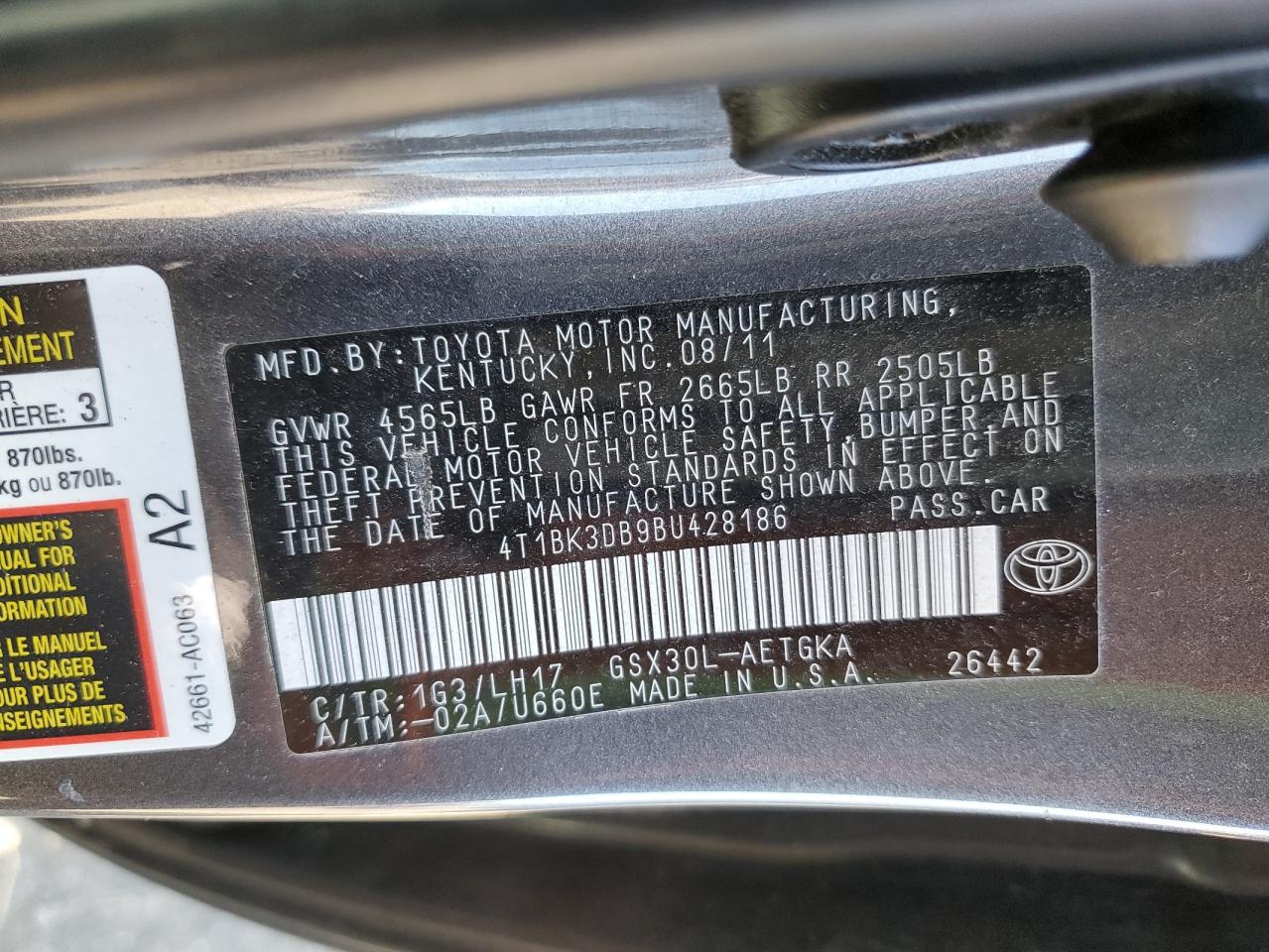 4T1BK3DB9BU428186 2011 Toyota Avalon Base