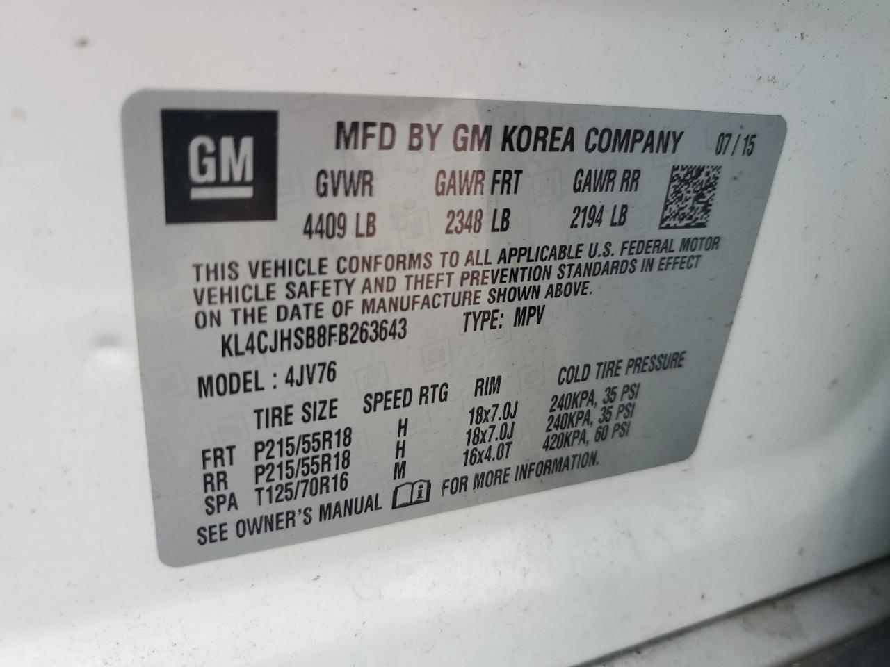 KL4CJHSB8FB263643 2015 Buick Encore Premium