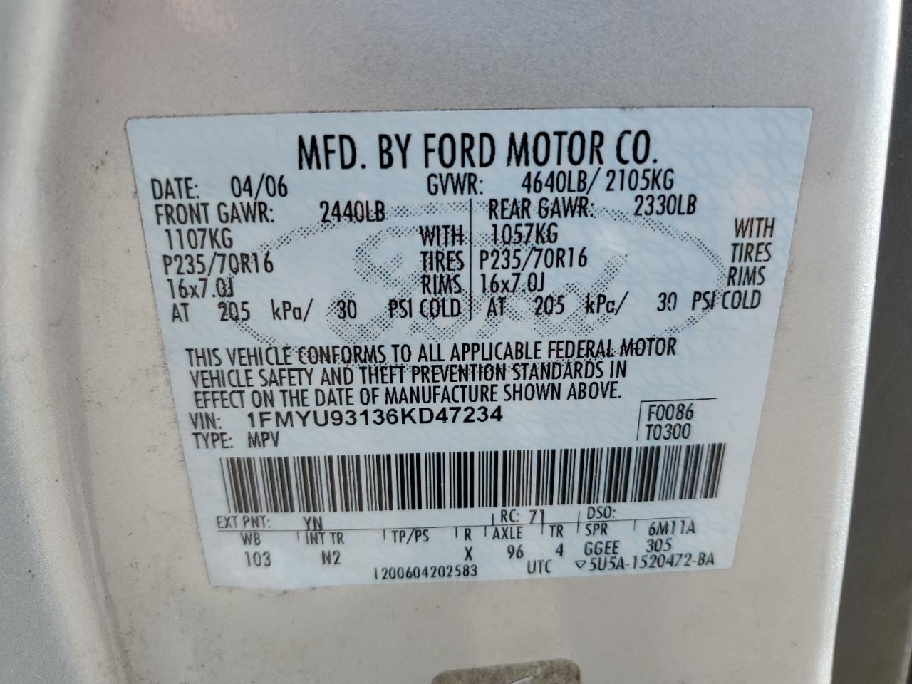 1FMYU93136KD47234 2006 Ford Escape Xlt