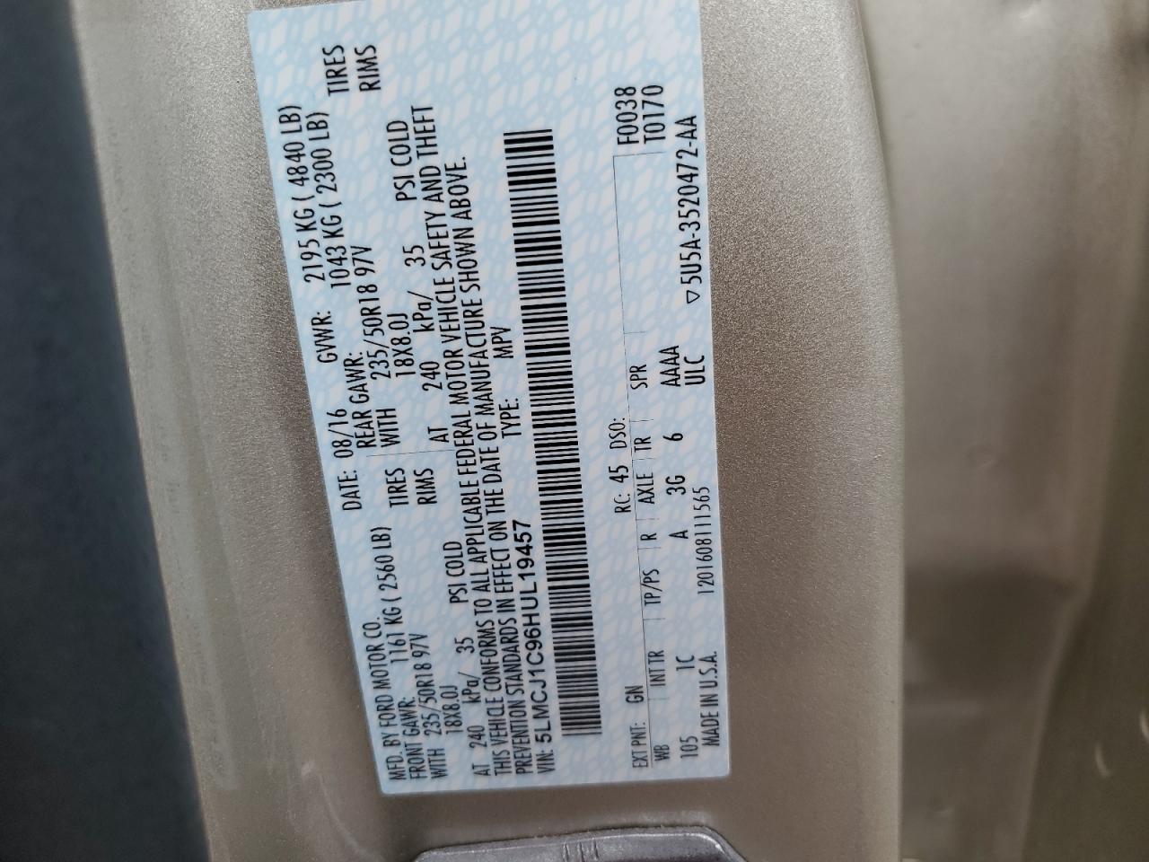 5LMCJ1C96HUL19457 2017 Lincoln Mkc Premiere