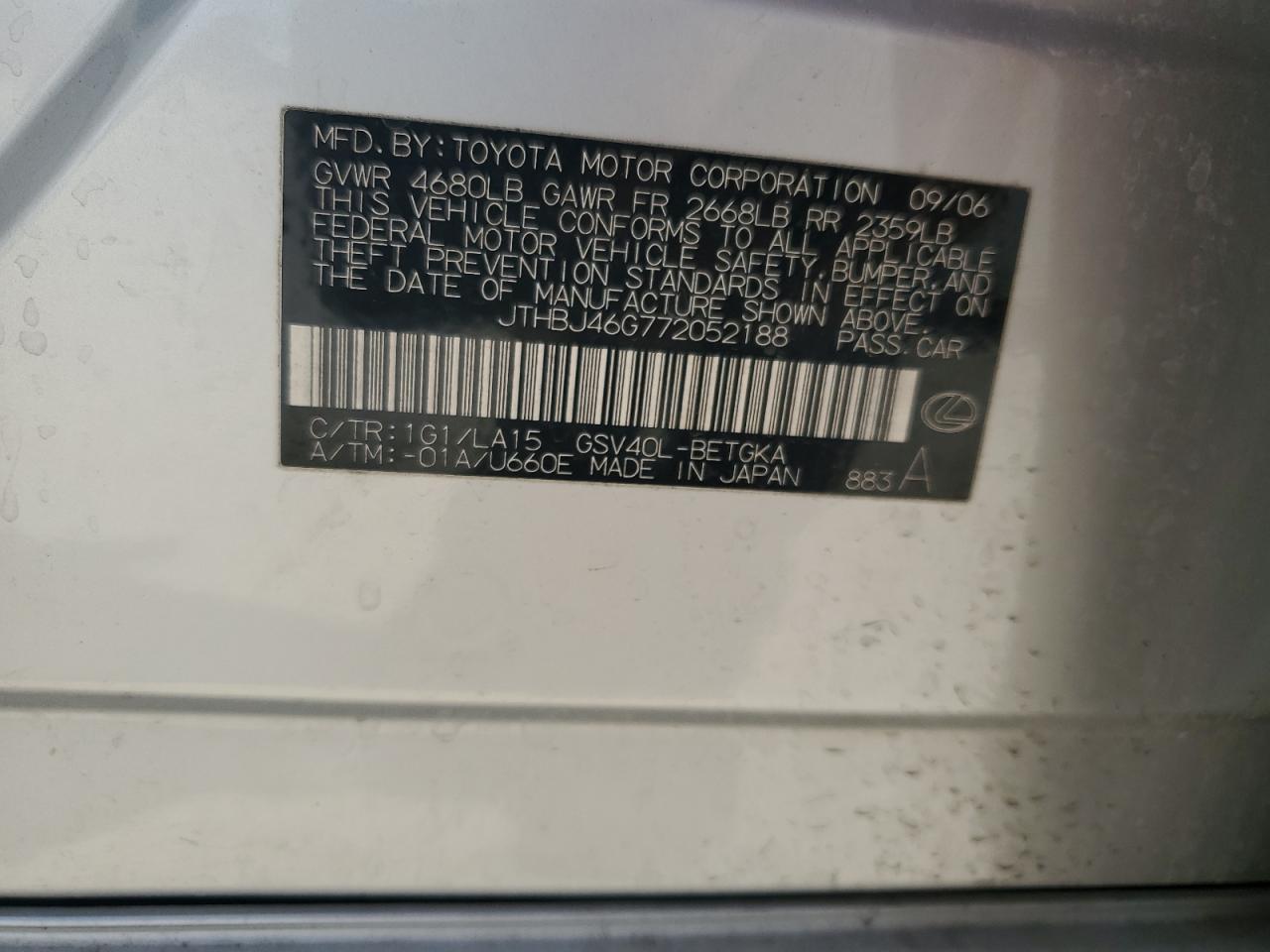 JTHBJ46G772052188 2007 Lexus Es 350