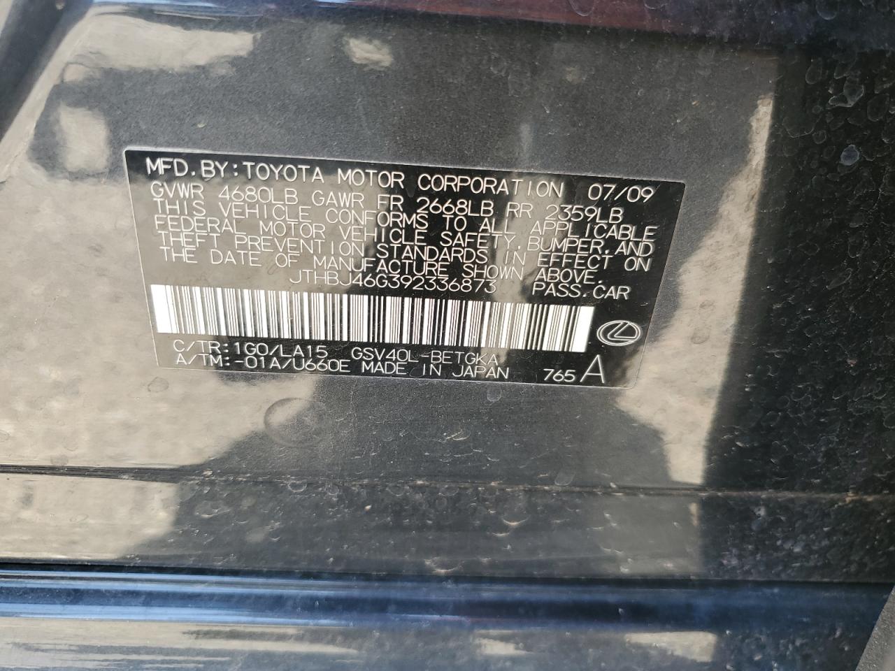 JTHBJ46G392336873 2009 Lexus Es 350