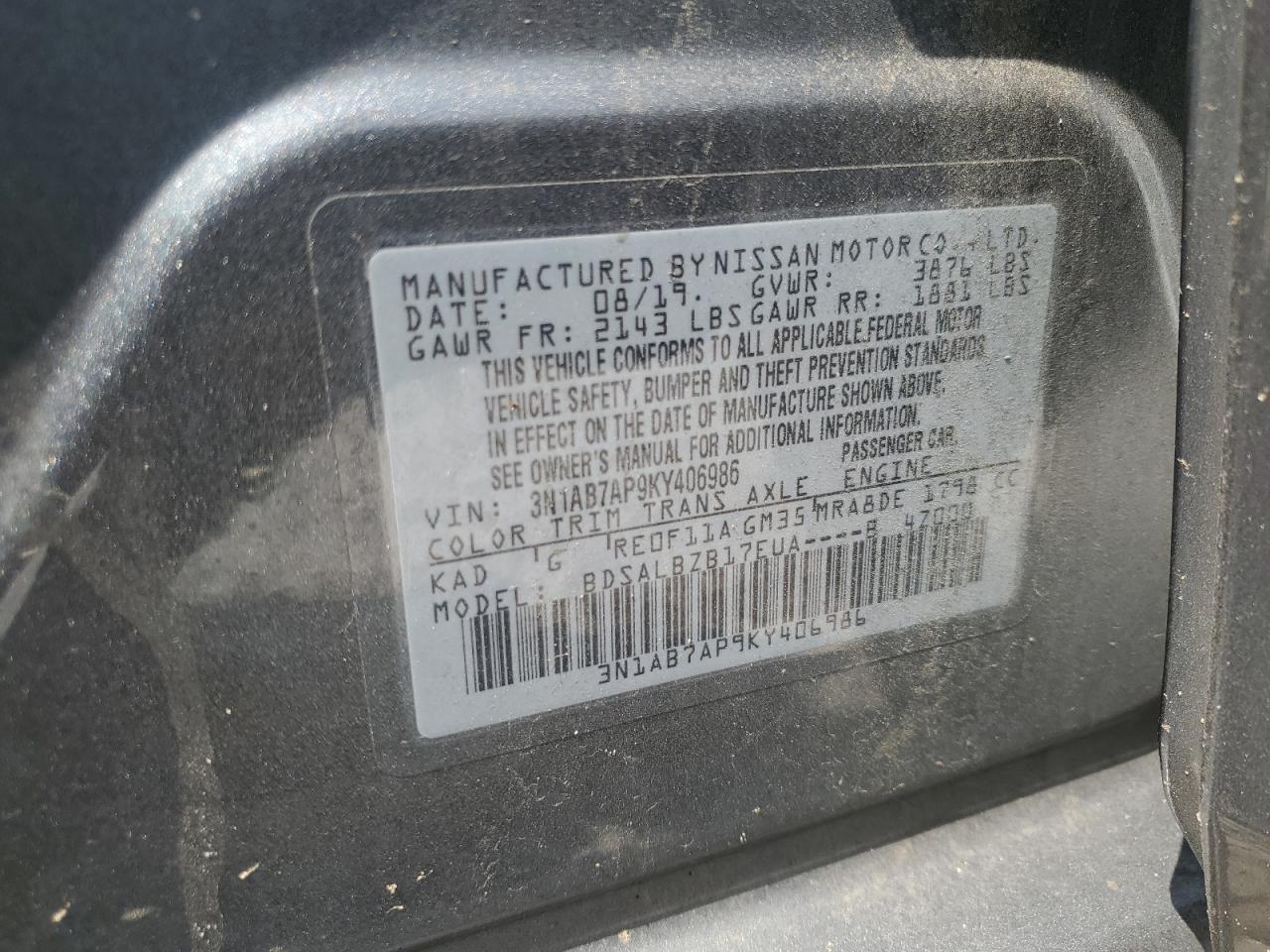 3N1AB7AP9KY406986 2019 Nissan Sentra S