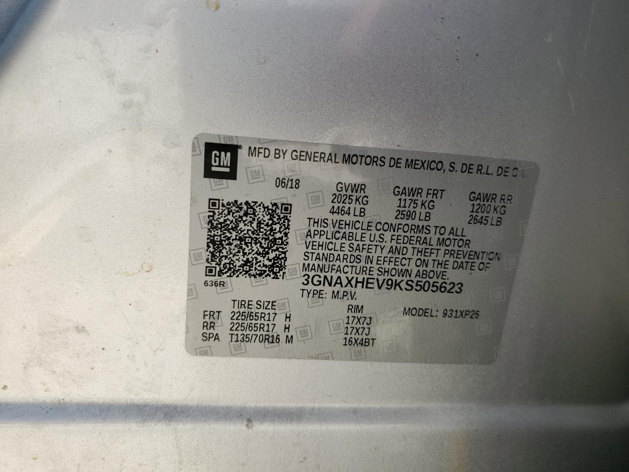 3GNAXHEV9KS505623 2019 Chevrolet Equinox Ls