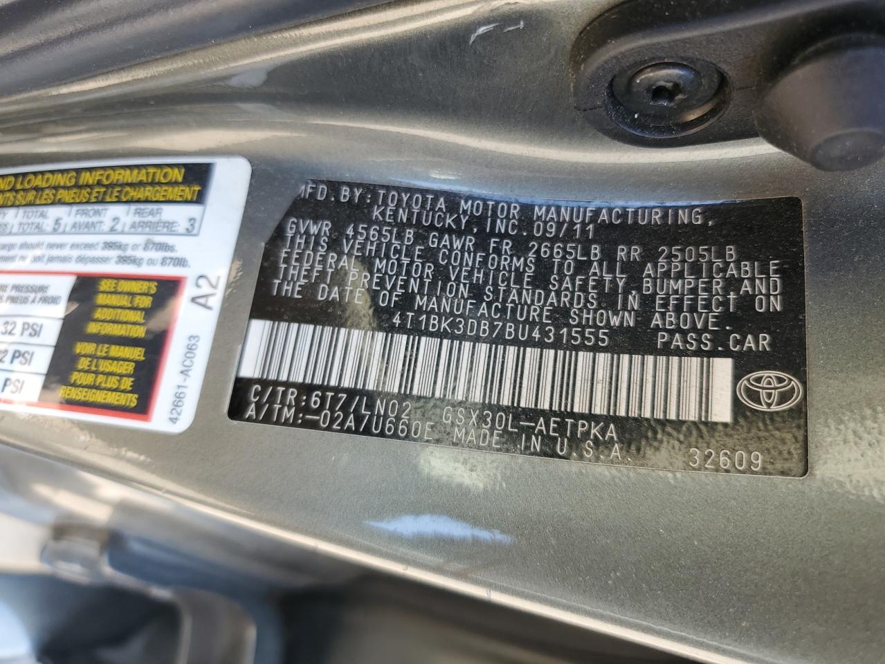 4T1BK3DB7BU431555 2011 Toyota Avalon Base