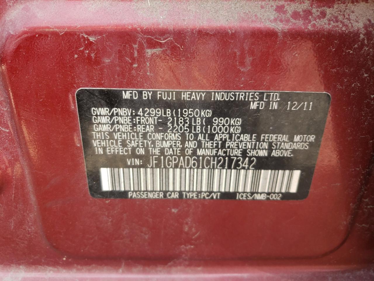 JF1GPAD61CH217342 2012 Subaru Impreza Premium