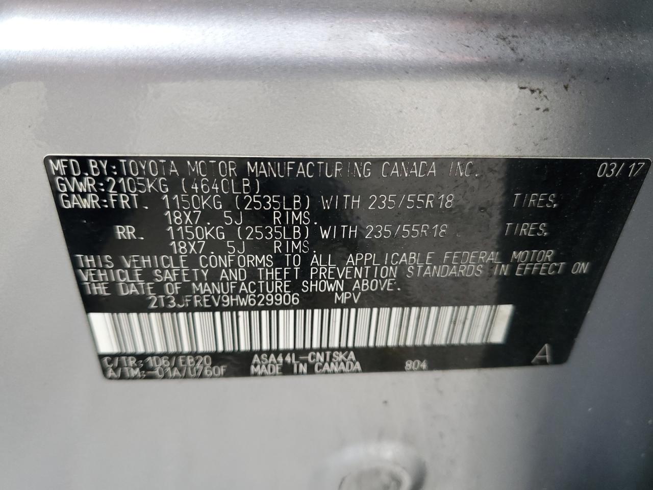 2T3JFREV9HW629906 2017 Toyota Rav4 Se