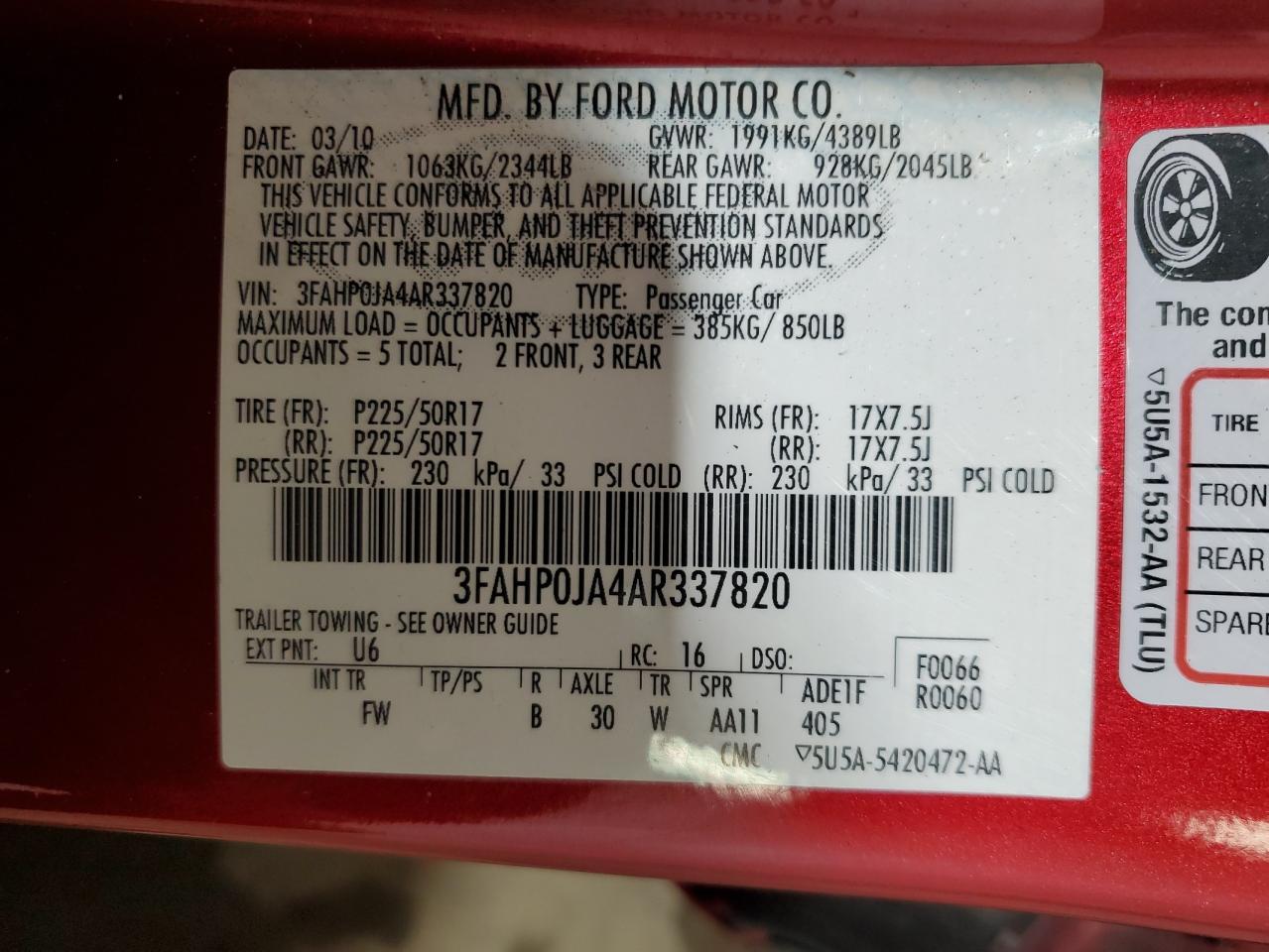 3FAHP0JA4AR337820 2010 Ford Fusion Sel