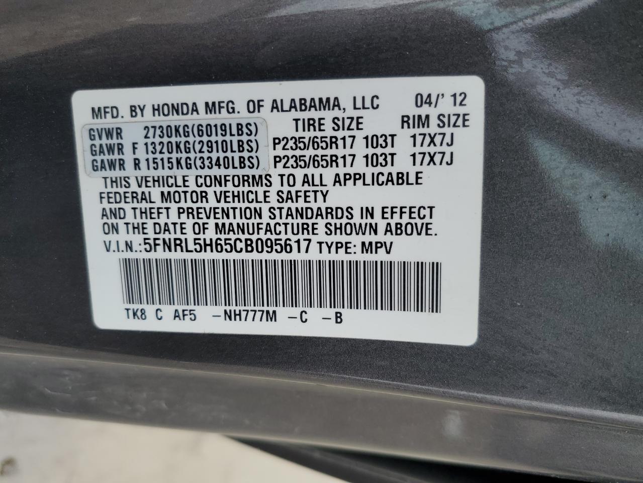 5FNRL5H65CB095617 2012 Honda Odyssey Exl