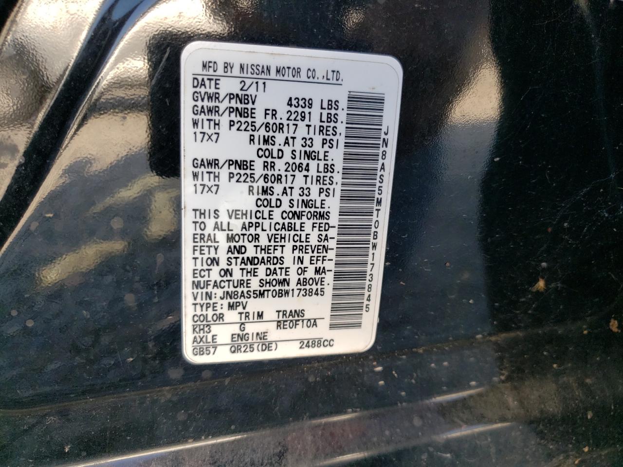 JN8AS5MT0BW173845 2011 Nissan Rogue S