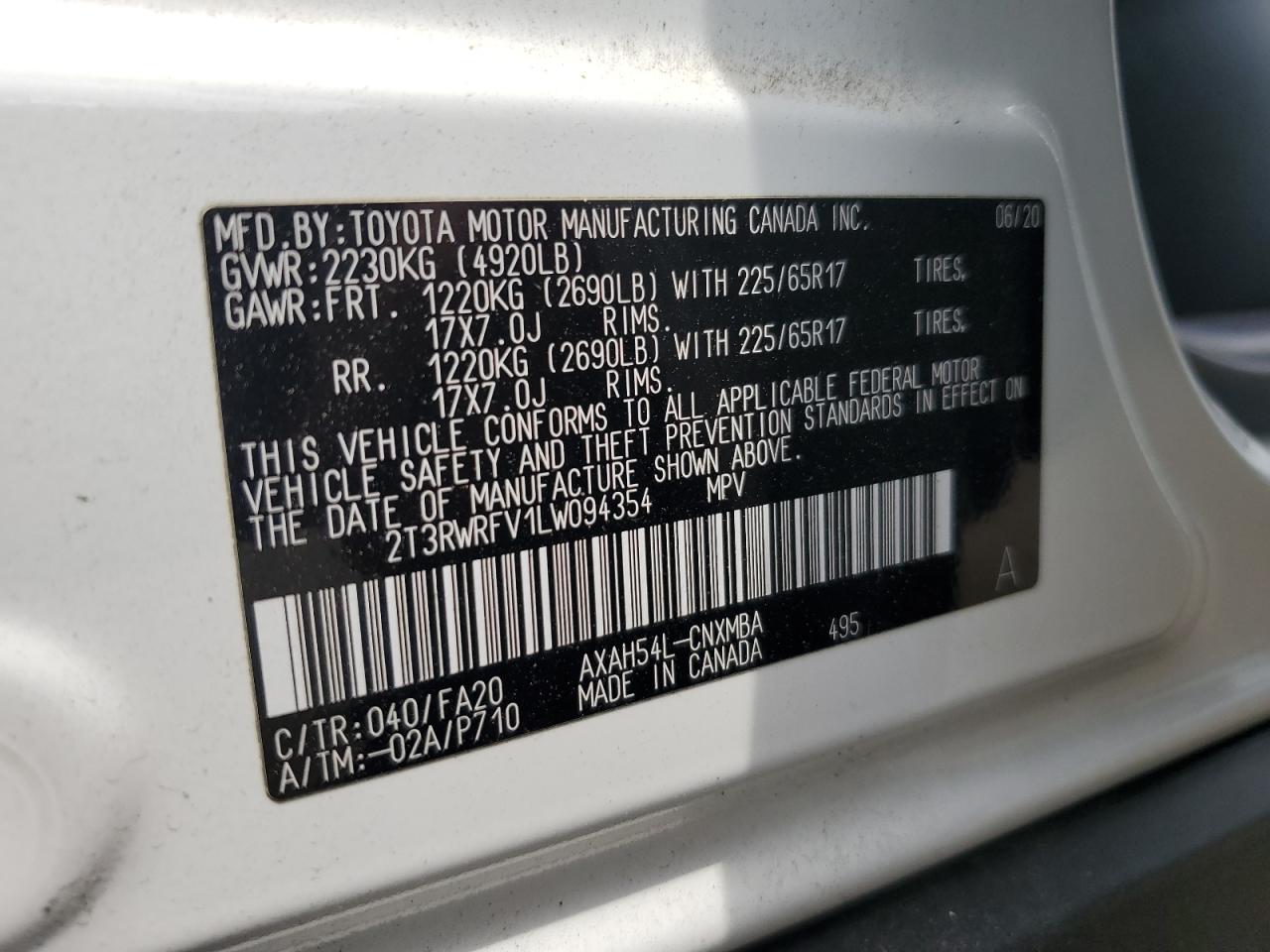 2T3RWRFV1LW094354 2020 Toyota Rav4 Xle