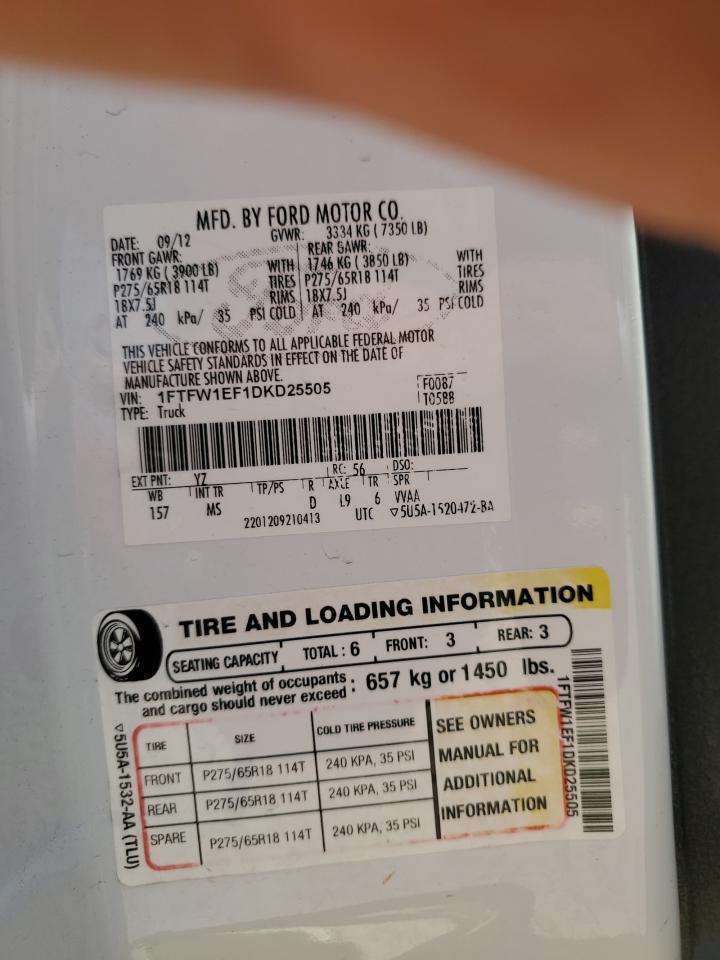 1FTFW1EF1DKD25505 2013 Ford F150 Supercrew