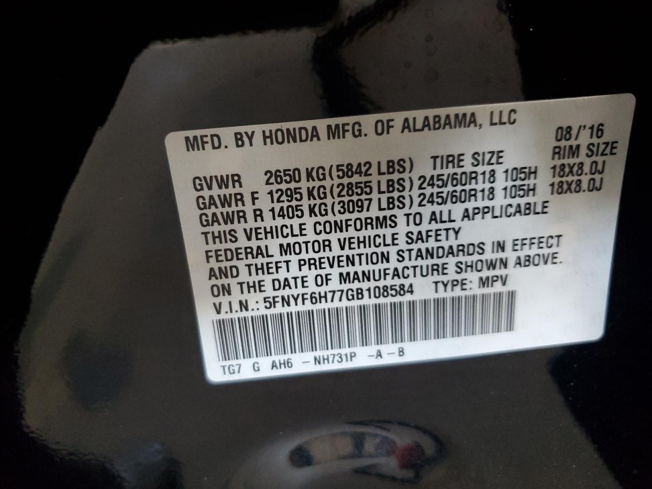 5FNYF6H77GB108584 2016 Honda Pilot Exln