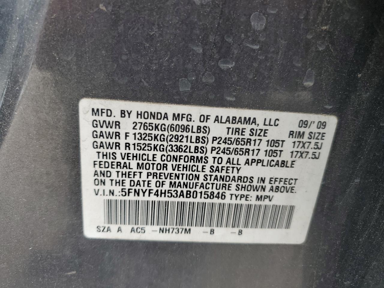 5FNYF4H53AB015846 2010 Honda Pilot Exl