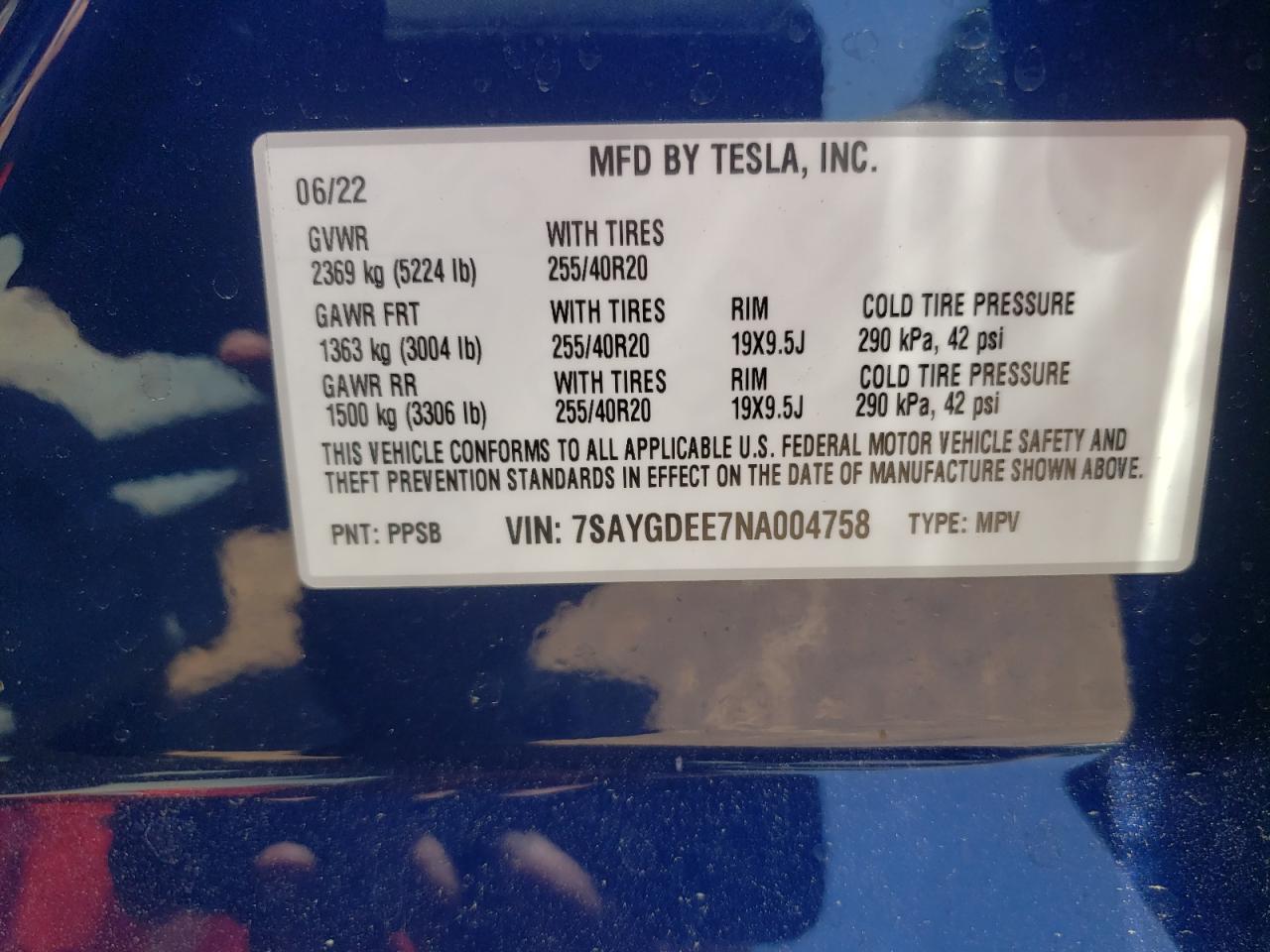 7SAYGDEE7NA004758 2022 Tesla Model Y