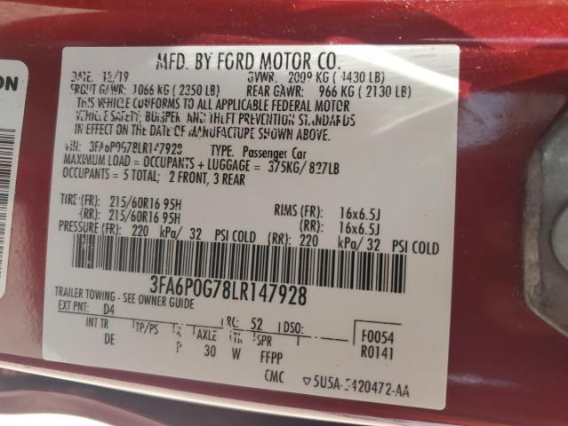 VIN 3FA6P0G78LR147928 2020 Ford Fusion, S no.12