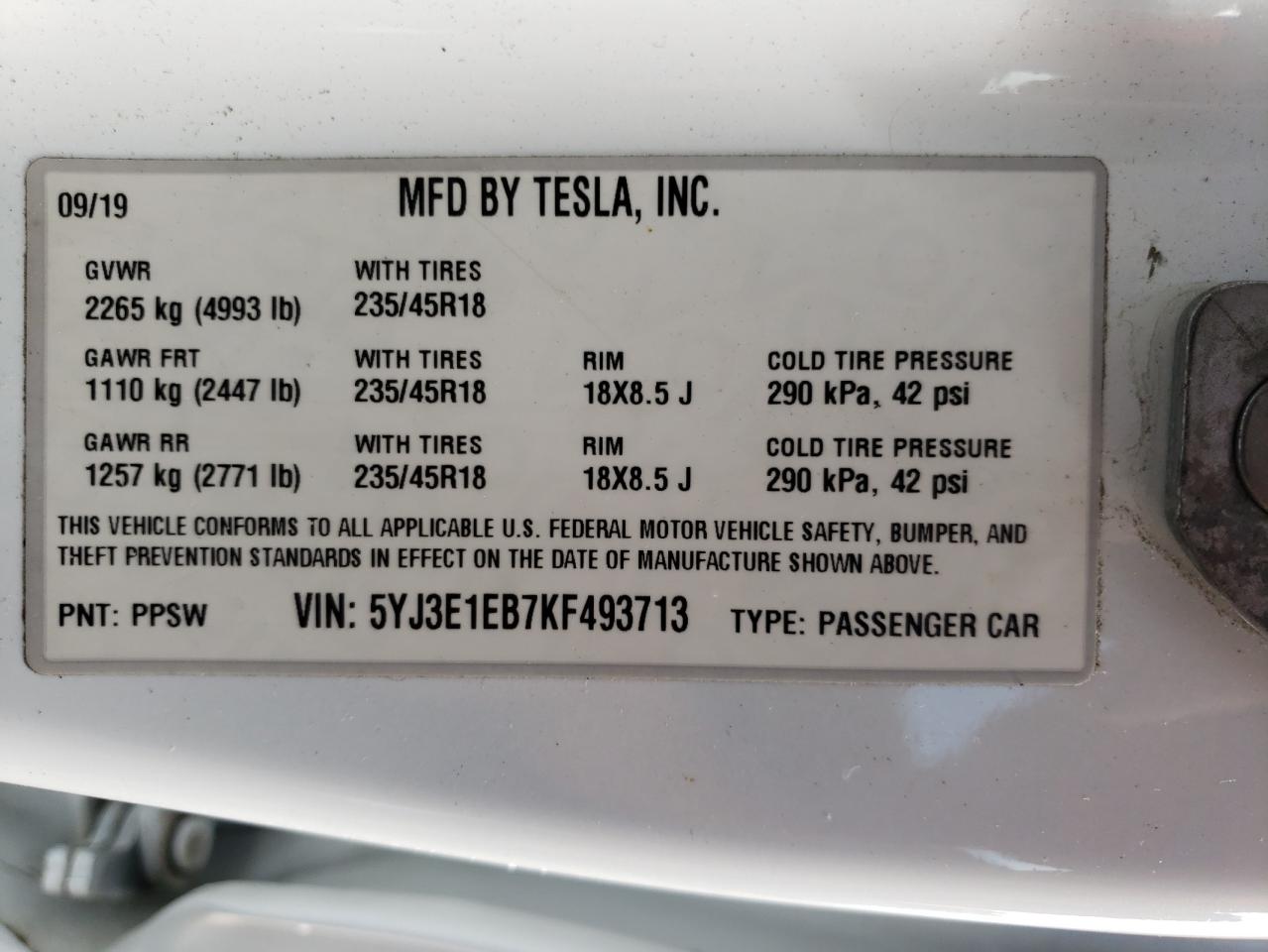 5YJ3E1EB7KF493713 2019 Tesla Model 3