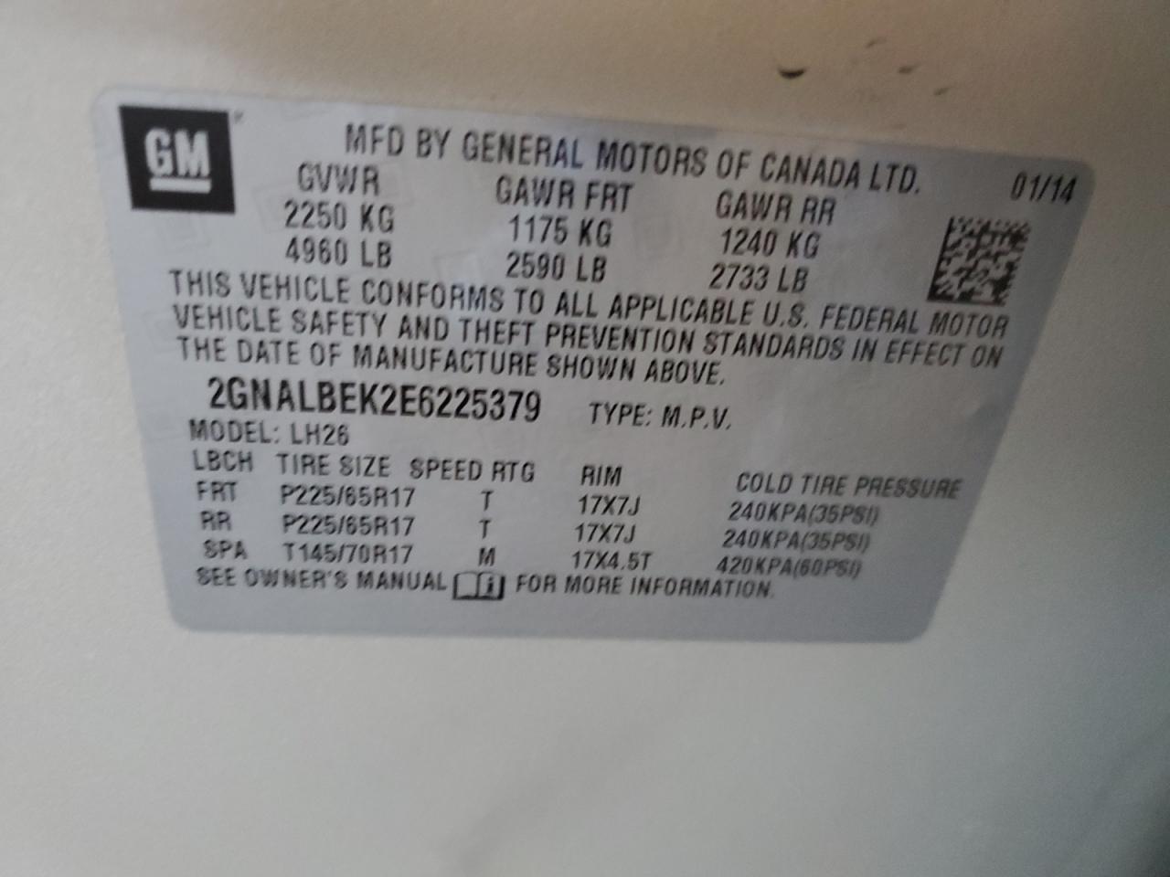 2GNALBEK2E6225379 2014 Chevrolet Equinox Lt
