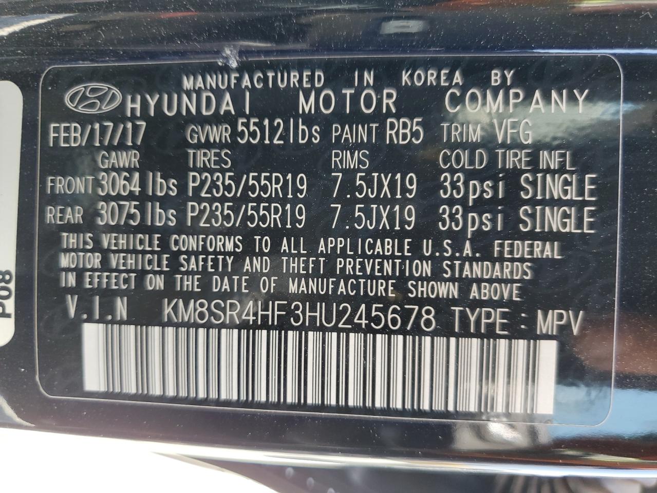 2017 Hyundai Santa Fe Se Ultimate vin: KM8SR4HF3HU245678