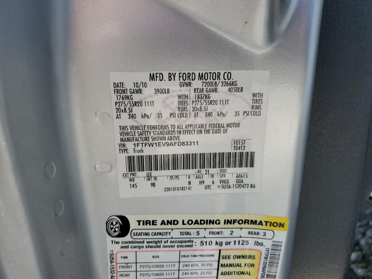 1FTFW1EV9AFD83311 2010 Ford F150 Supercrew