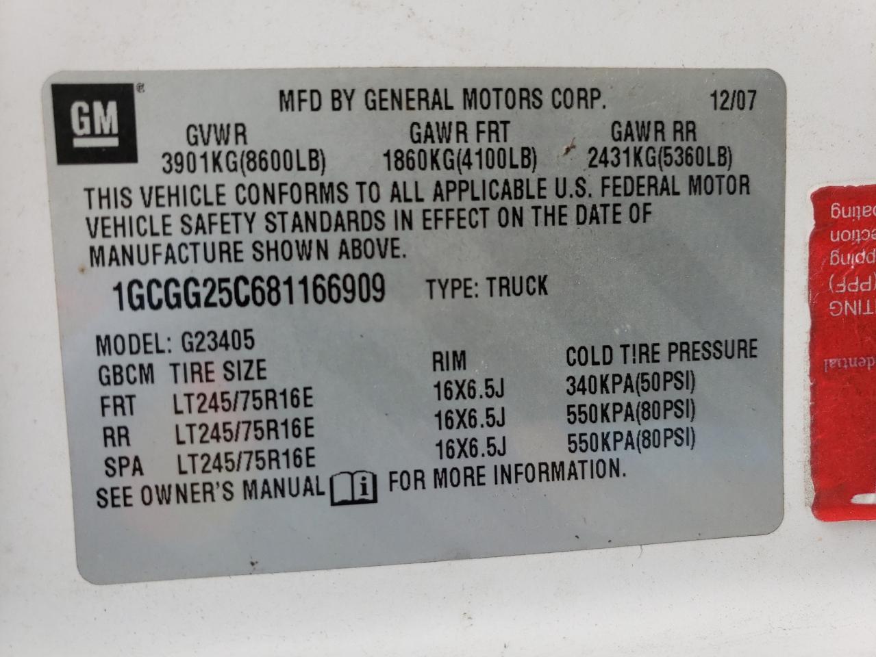 1GCGG25C681166909 2008 Chevrolet Express G2500