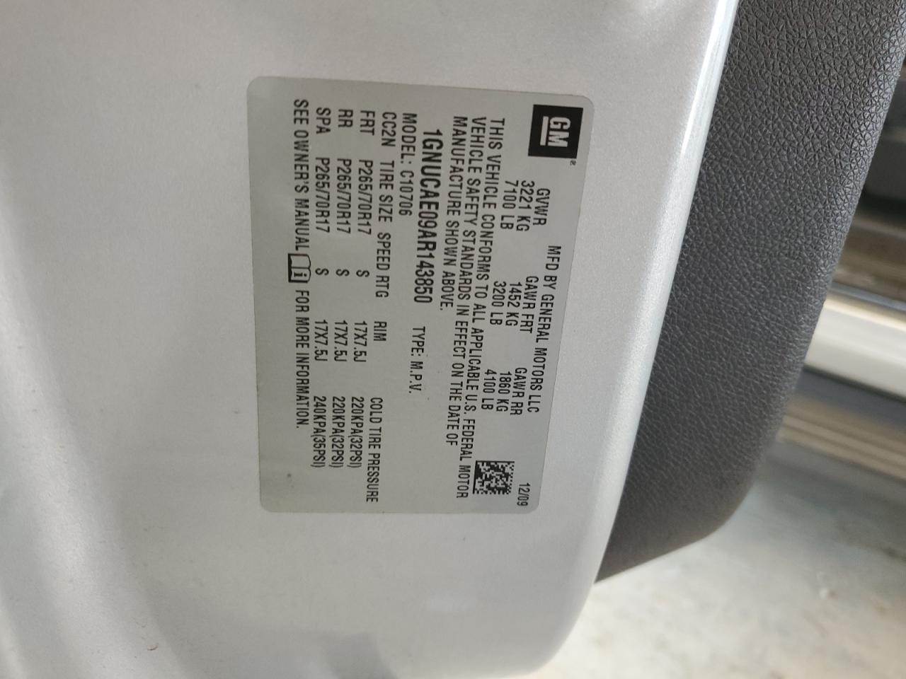 1GNUCAE09AR143850 2010 Chevrolet Tahoe C1500 Ls