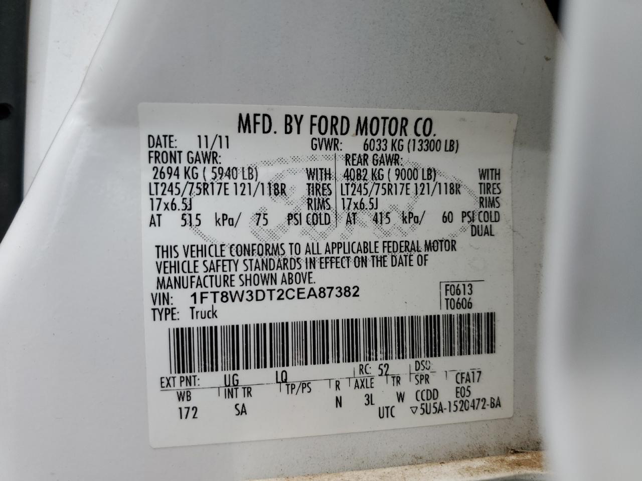 1FT8W3DT2CEA87382 2012 Ford F350 Super Duty