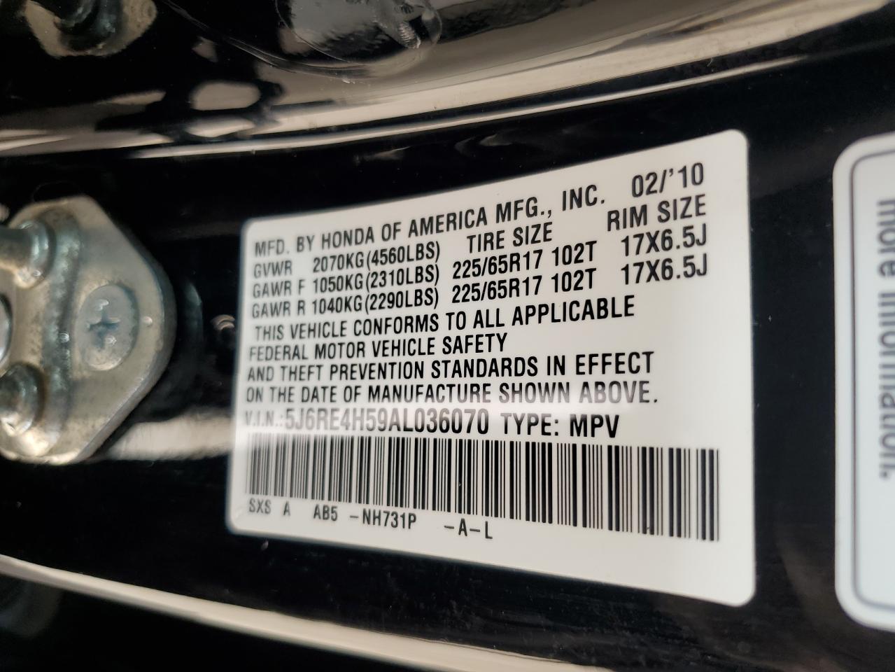 5J6RE4H59AL036070 2010 Honda Cr-V Ex