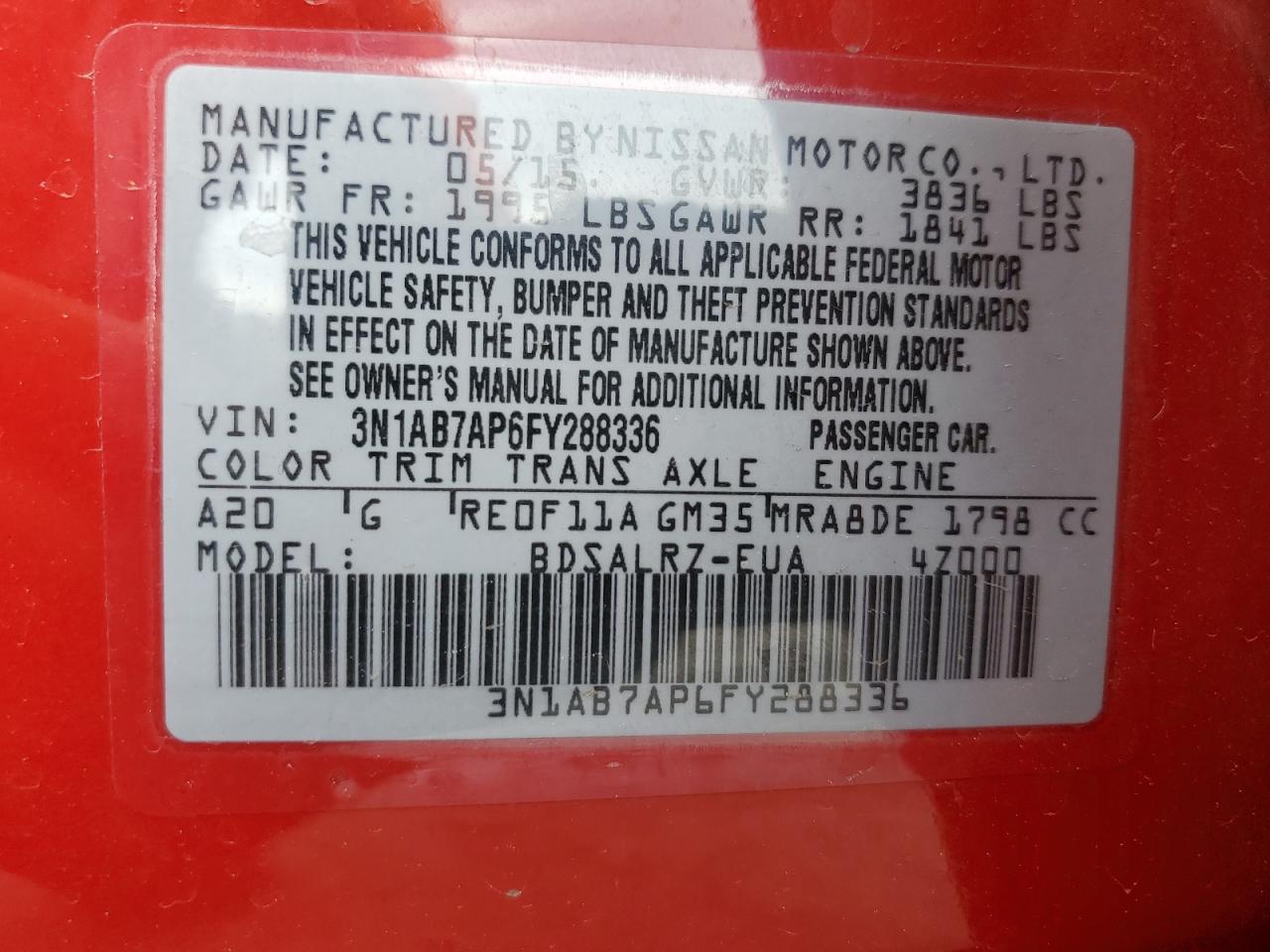 3N1AB7AP6FY288336 2015 Nissan Sentra S