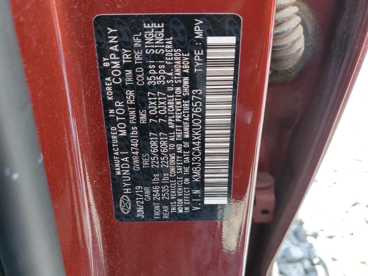 KM8J3CA4XKU076573 2019 Hyundai Tucson Limited