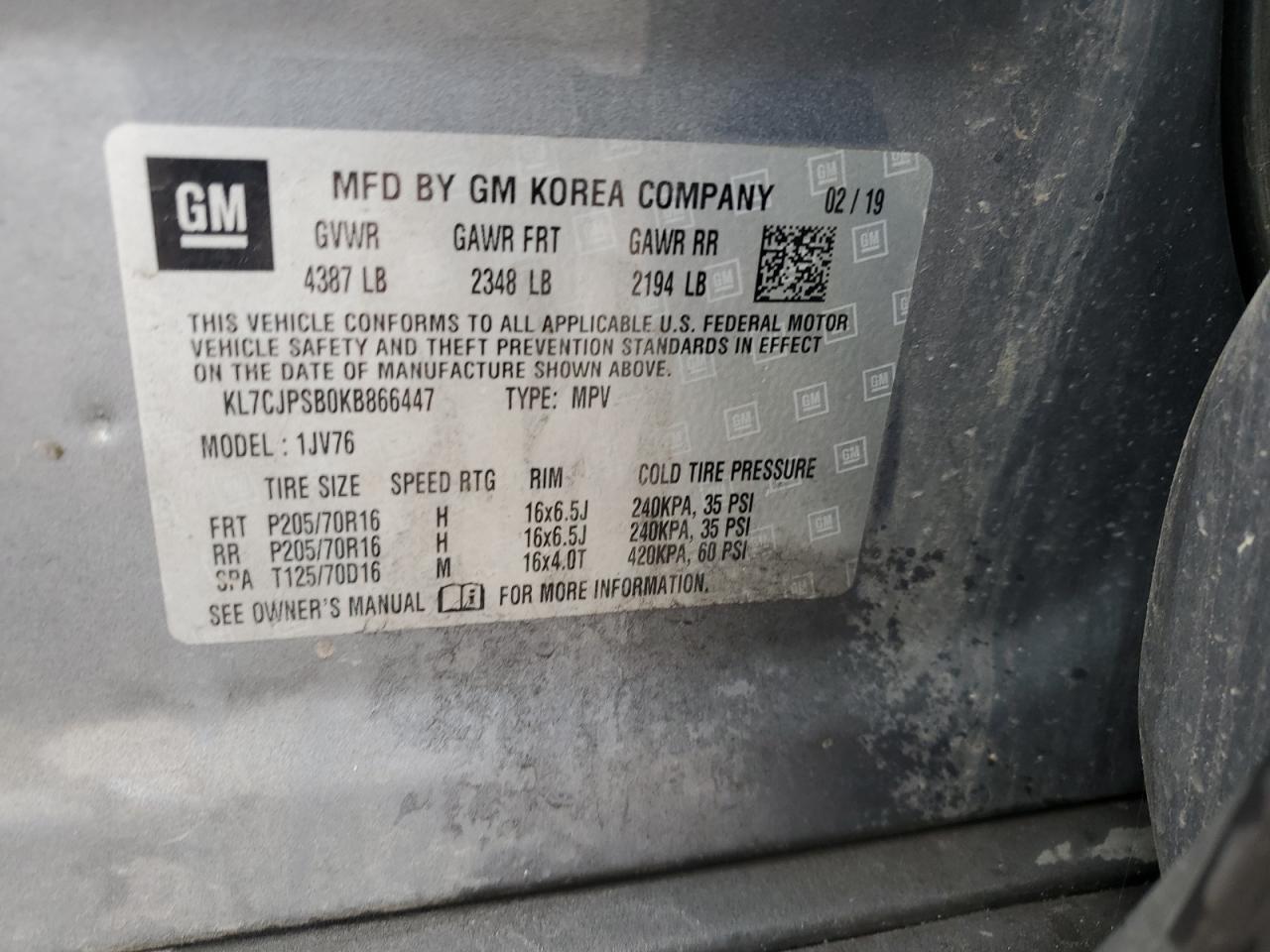 KL7CJPSB0KB866447 2019 Chevrolet Trax 1Lt