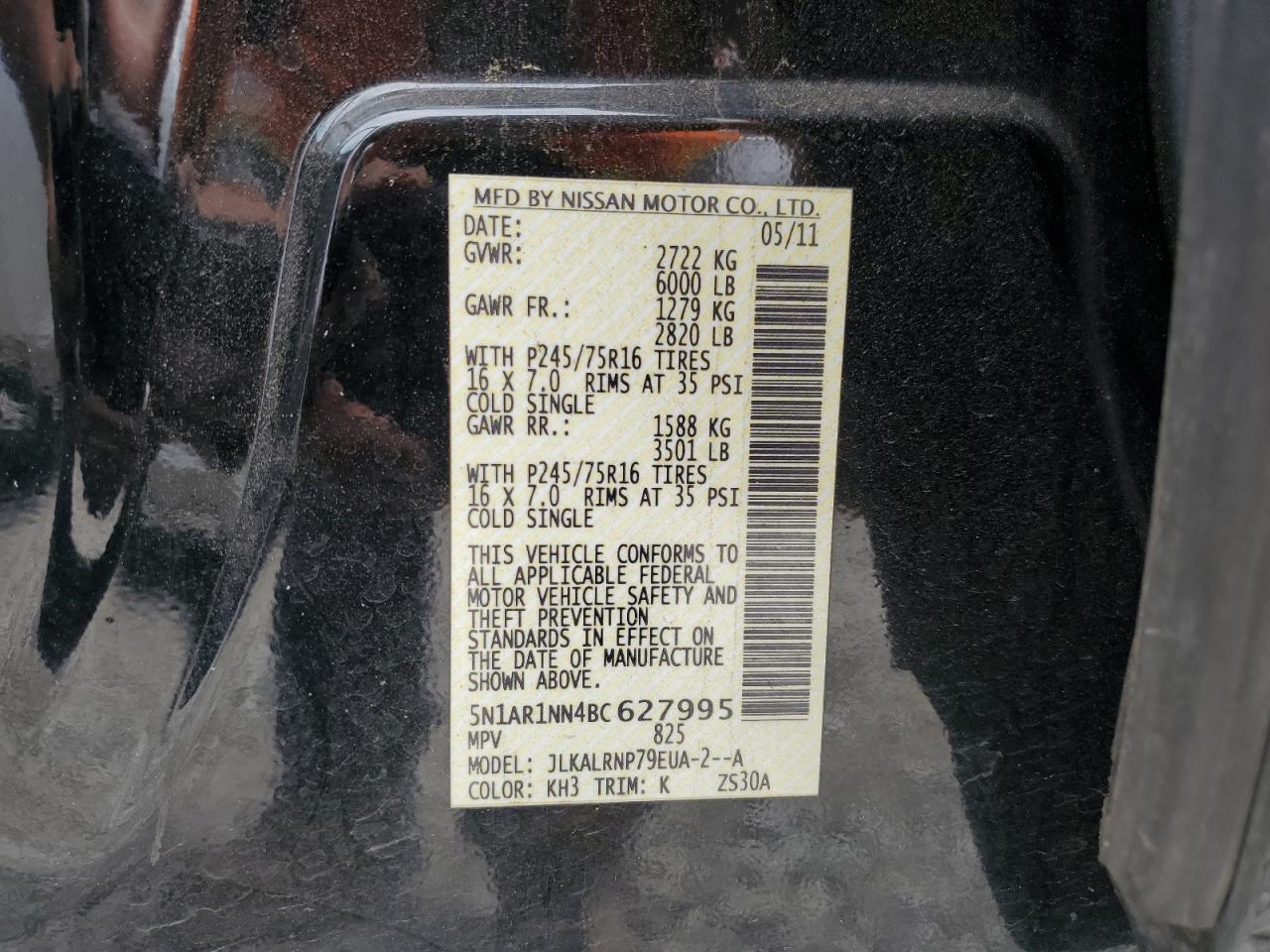 5N1AR1NN4BC627995 2011 Nissan Pathfinder S