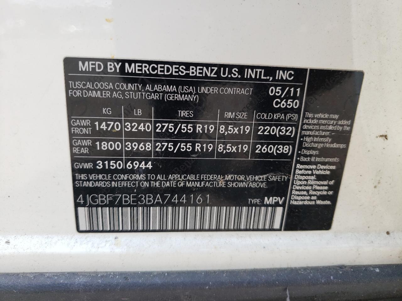 4JGBF7BE3BA744161 2011 Mercedes-Benz Gl 450 4Matic