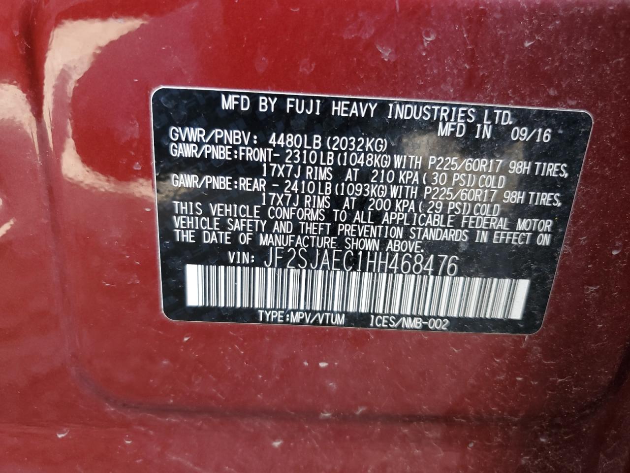 JF2SJAEC1HH468476 2017 Subaru Forester 2.5I Premium