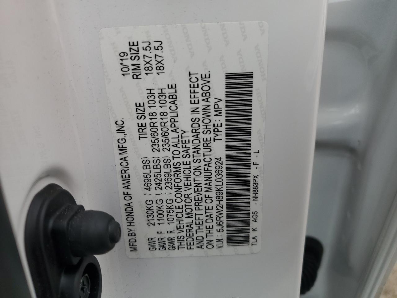 5J6RW2H89KL036924 2019 Honda Cr-V Exl