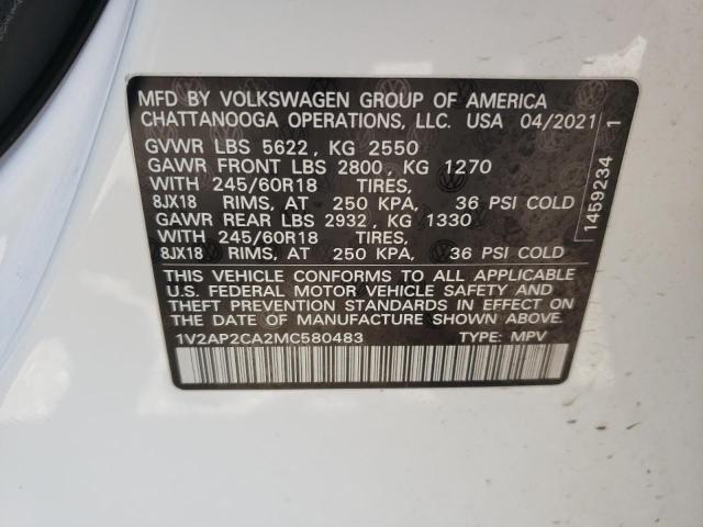 2021 Volkswagen Atlas S VIN: 1V2AP2CA2MC580483 Lot: 63009914