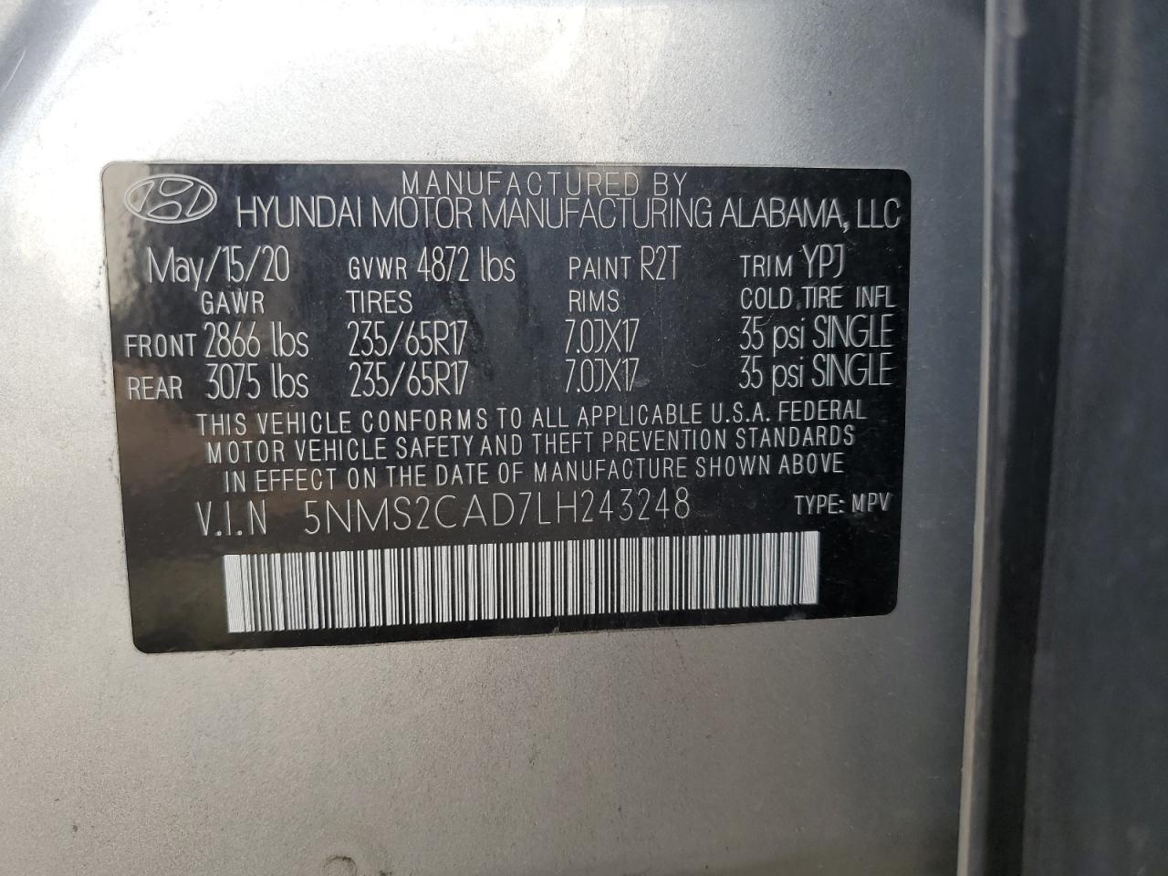 5NMS2CAD7LH243248 2020 Hyundai Santa Fe Se