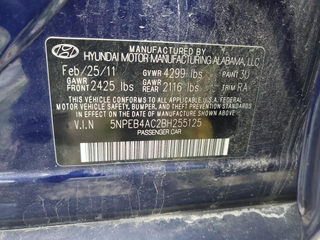 5NPEB4AC2BH255125 2011 Hyundai Sonata Gls