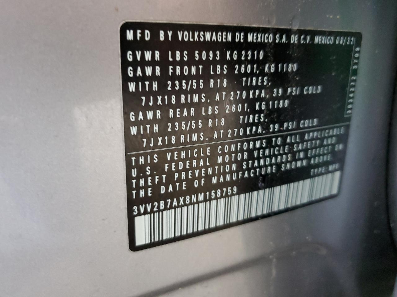 3VV2B7AX8NM158759 2022 Volkswagen Tiguan Se