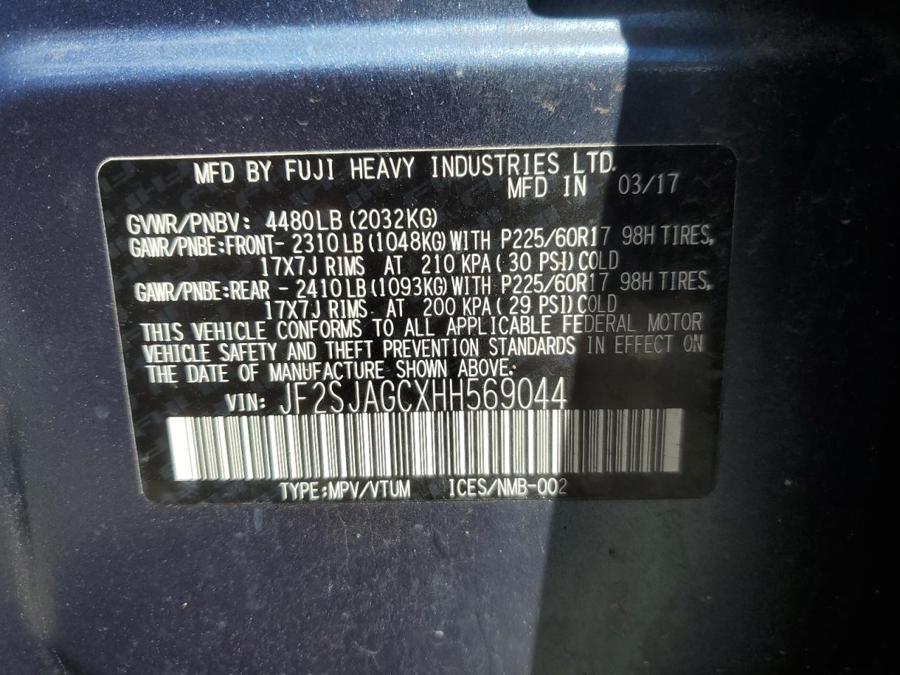 JF2SJAGCXHH569044 2017 Subaru Forester 2.5I Premium