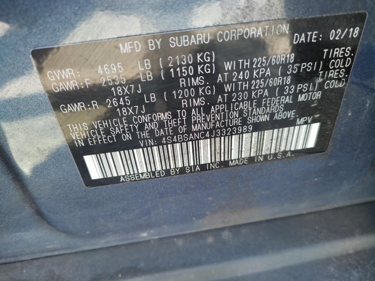 4S4BSANC4J3323989 2018 Subaru Outback 2.5I Limited