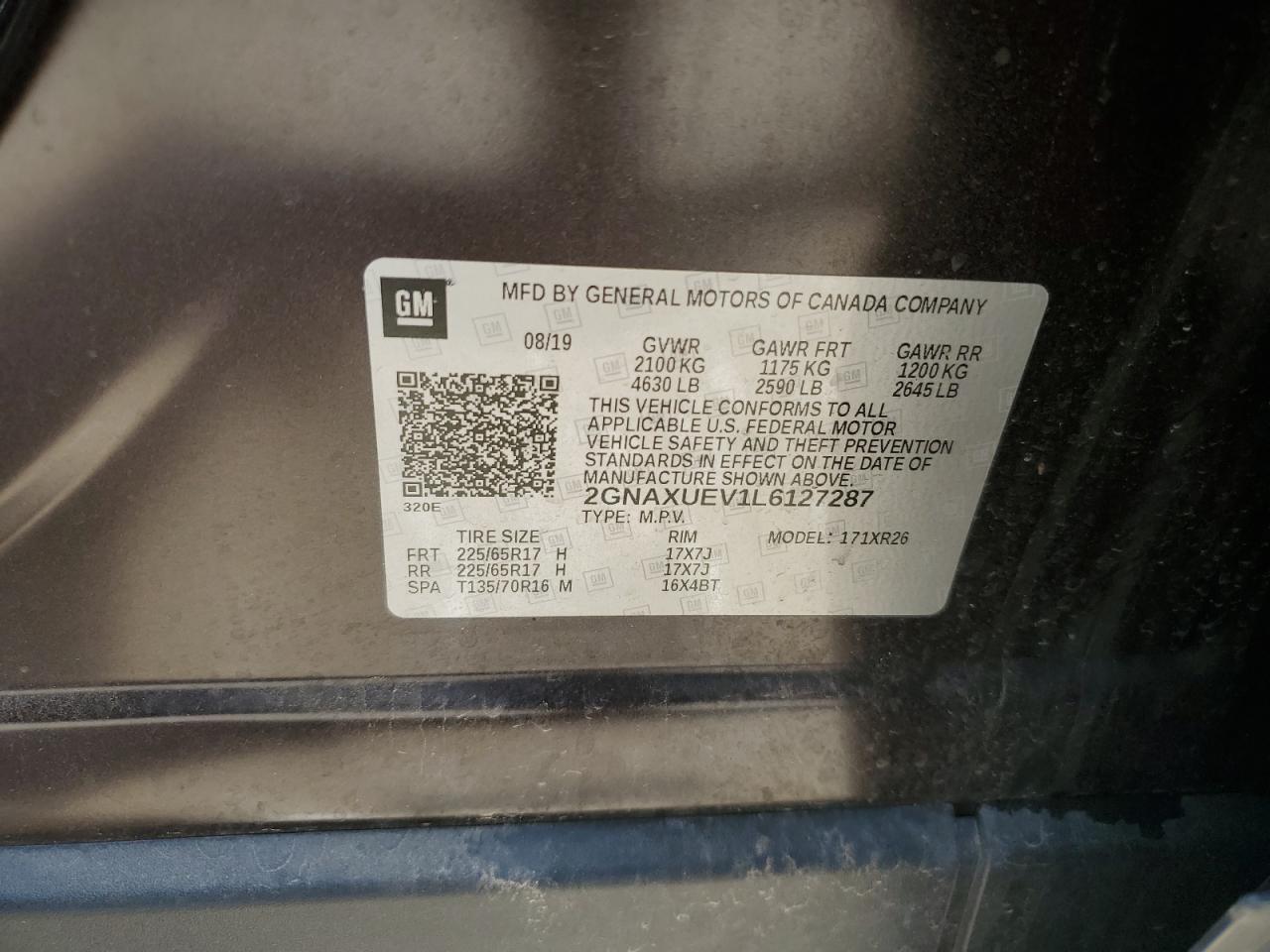 2GNAXUEV1L6127287 2020 Chevrolet Equinox Lt