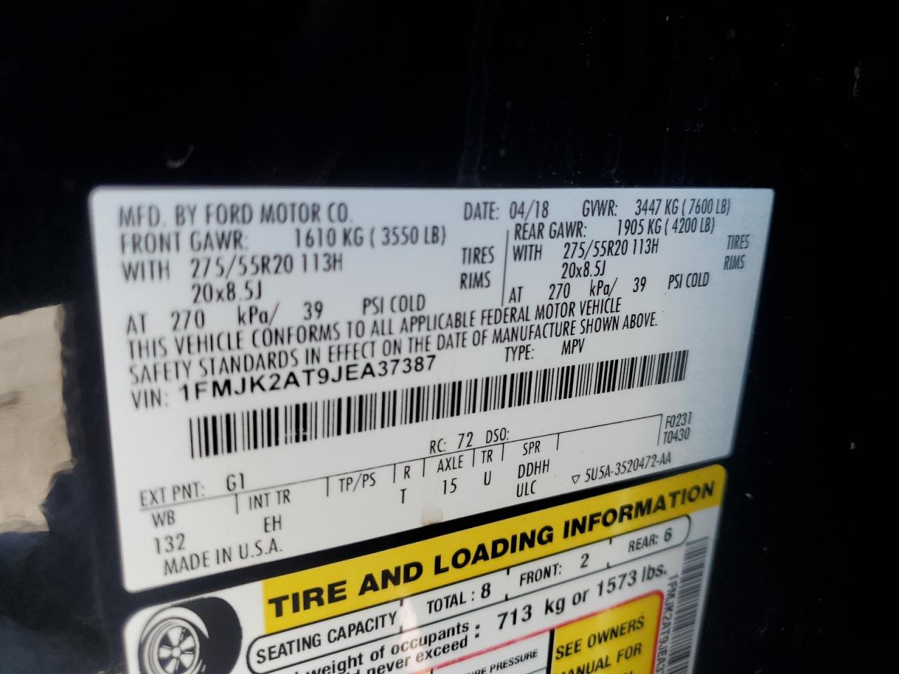 1FMJK2AT9JEA37387 2018 Ford Expedition Max Limited