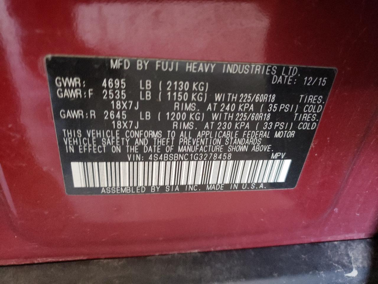 4S4BSBNC1G3278458 2016 Subaru Outback 2.5I Limited