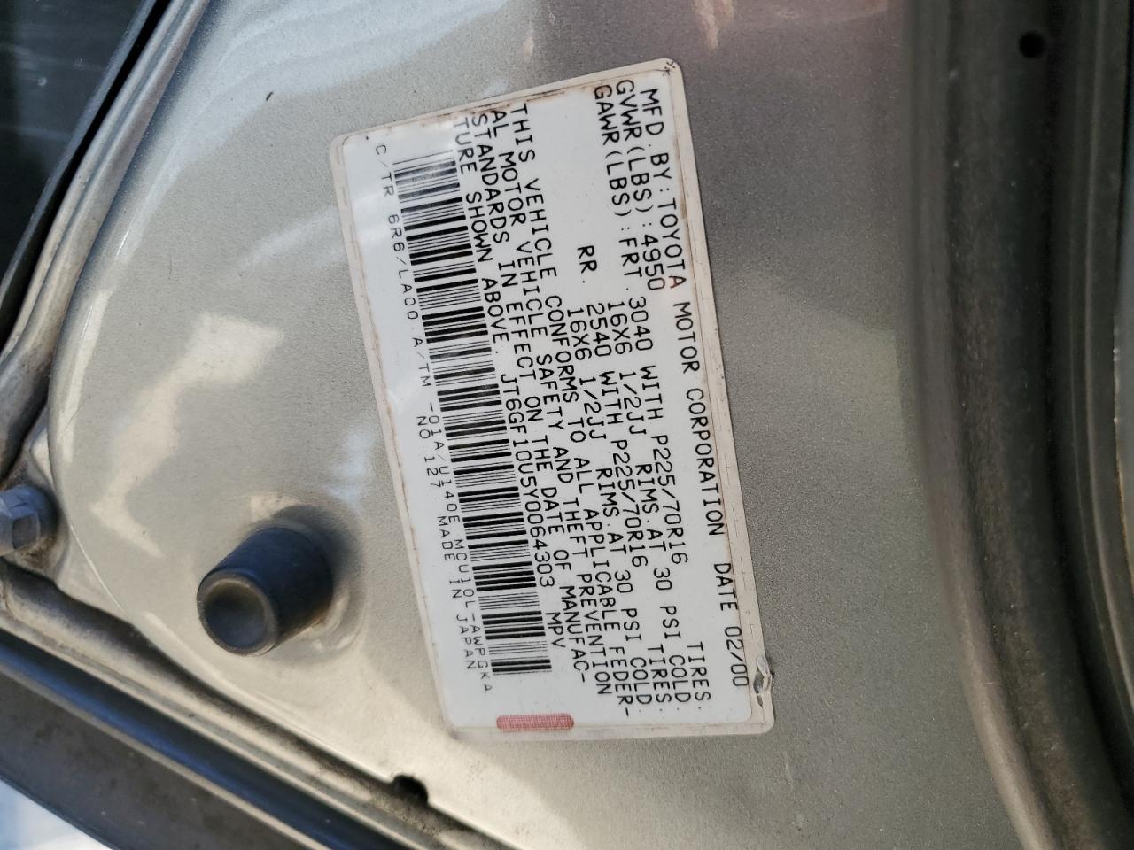 JT6GF10U5Y0064303 2000 Lexus Rx 300