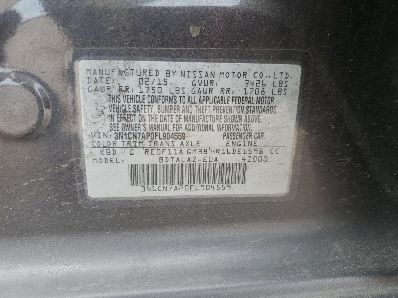 Lot #3311607218 2015 NISSAN VERSA S