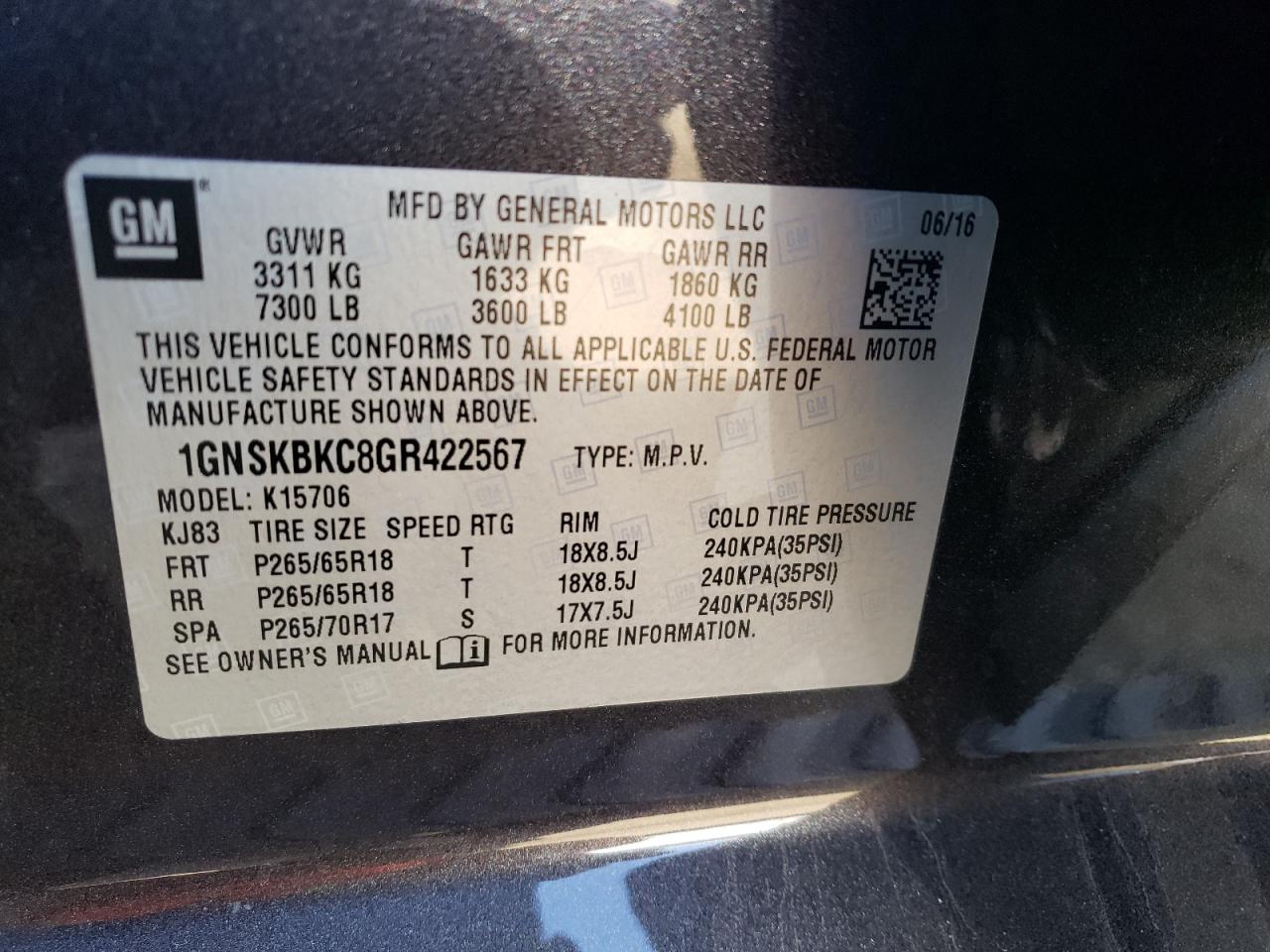 1GNSKBKC8GR422567 2016 Chevrolet Tahoe K1500 Lt