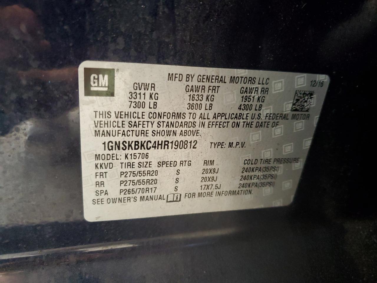 1GNSKBKC4HR190812 2017 Chevrolet Tahoe K1500 Lt