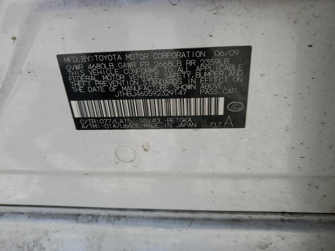 JTHBJ46G592329147 2009 Lexus Es 350